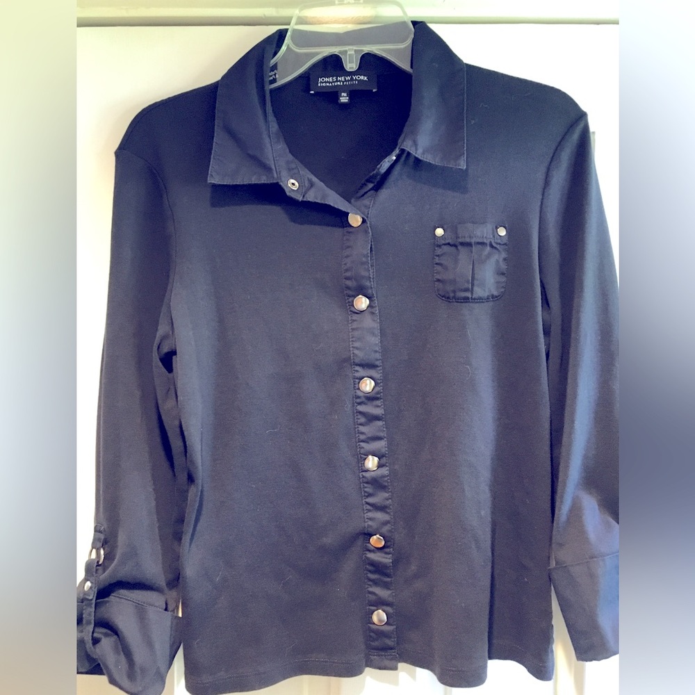Jones New York Cotton Button Up Shirt. Roll Tab Sleeve